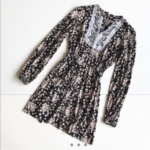 70s black floral embroidered mini dress xs small 0 2 womens hippie boho peacock